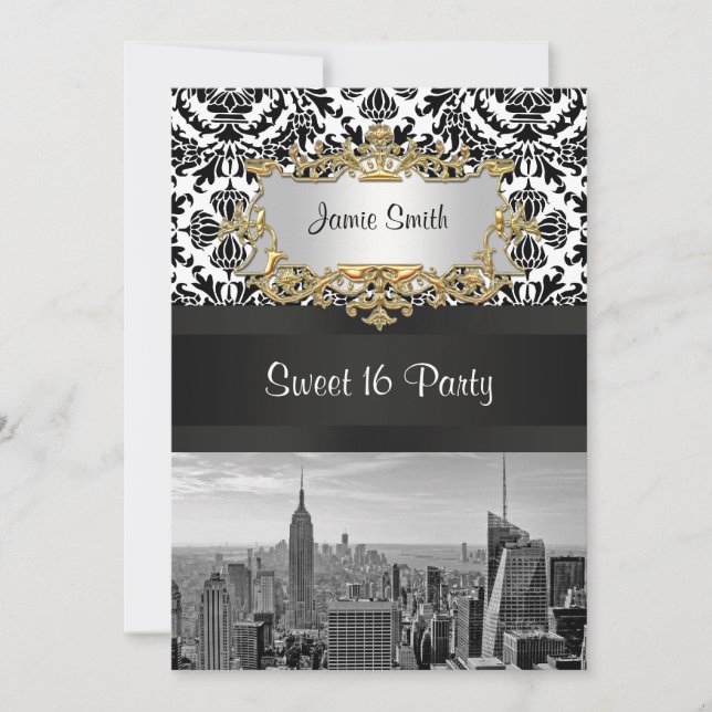 NYC Skyline BW 431 Damask Sweet 16 Party Inbjudan  (Framsida)