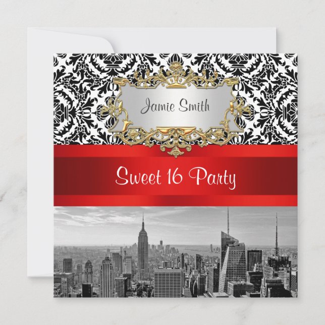 NYC Skyline BW 432 Damask - Sweet 16 Festinladning Inbjudningar (Framsida)