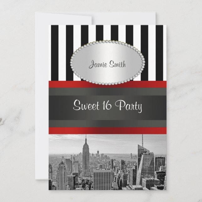 NYC Skyline BW Black White Rand 2P Sweet 16 Inbjudningar (Framsida)