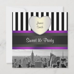 NYC Skyline BW Blk Wht Strp Purpl H Sweet 16-fest Inbjudningar