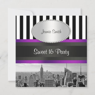 NYC Skyline BW Blk Wht Strp Purpl P Sweet 16-fest Inbjudningar