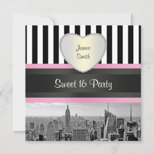 NYC Skyline BW Blk Wht Strp Rosa H Sweet 16-fest Inbjudningar