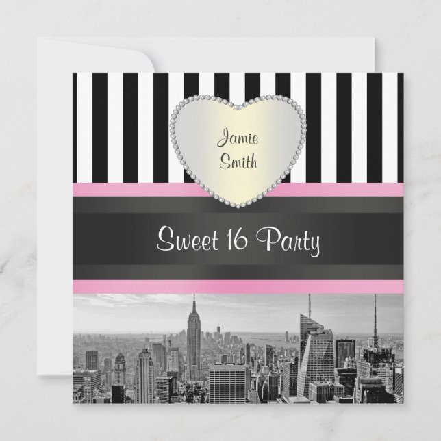 NYC Skyline BW Blk Wht Strp Rosa H Sweet 16 Party Inbjudningar (Framsida)