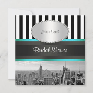 NYC Skyline BW Blk Wht Strp Teal P Bröllopsdusch Inbjudningar
