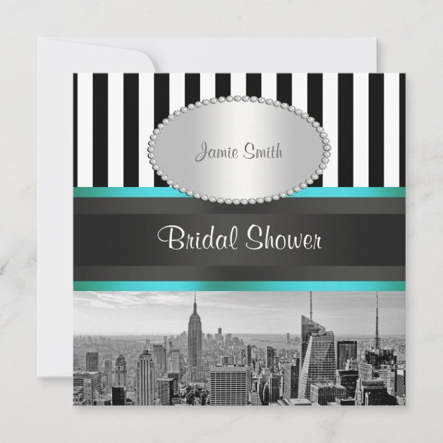 NYC Skyline BW Blk Wht Strp Teal P Bröllopsdusch Inbjudningar (Framsida)
