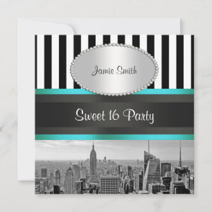 NYC Skyline BW Blk Wht Strp Teal P Sweet 16-fest Inbjudningar