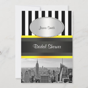 NYC Skyline BW Blk Wht Strp Yellow P Bröllopsdusch Inbjudningar