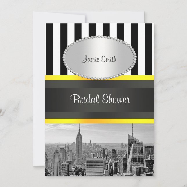 NYC Skyline BW Blk Wht Strp Yellow P Bröllopsdusch Inbjudningar (Framsida)