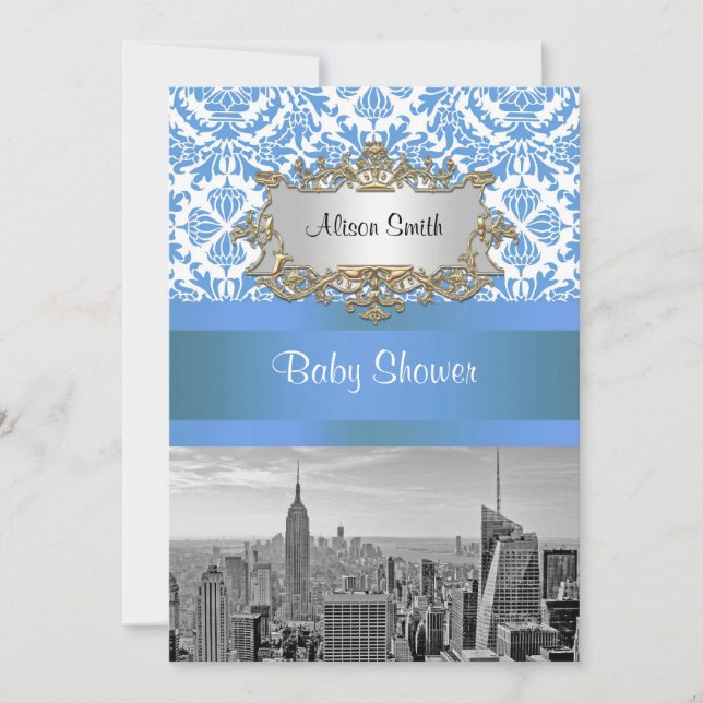 NYC Skyline BW D4 Damask Baby Shower Inbjudan V (Framsida)