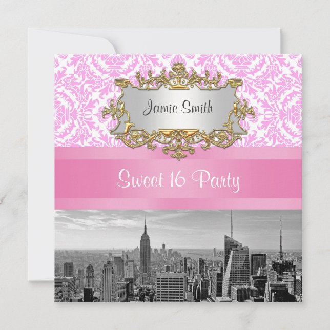 NYC Skyline BW D4P Rosa Damask Sweet 16 Party Inbjudningar (Framsida)