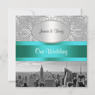 NYC Skyline BW Silver White Damask Bröllop Inbjudningar