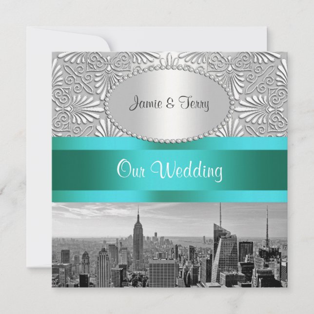 NYC Skyline BW Silver White Damask Bröllop Inbjudningar (Framsida)