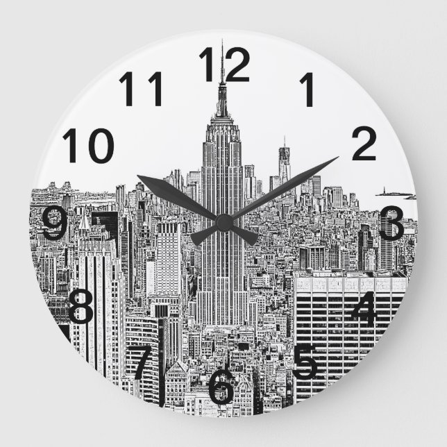 NYC Skyline - Empire state Byggande, Etched look Stor Klocka (Framsida)