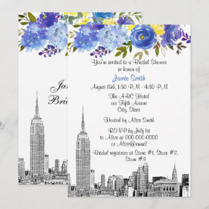 NYC Skyline ESB Etch Blå Gul Blommig Bröllopsdusch Inbjudningar