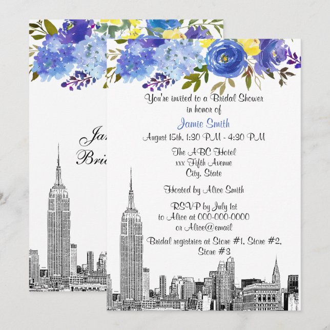 NYC Skyline ESB Etch Blå Gul Blommig Bröllopsdusch Inbjudningar (Fram/baksida)