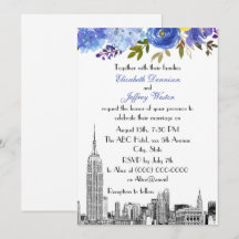 NYC Skyline ESB Etch Blue Gult Blommigt Bröllop