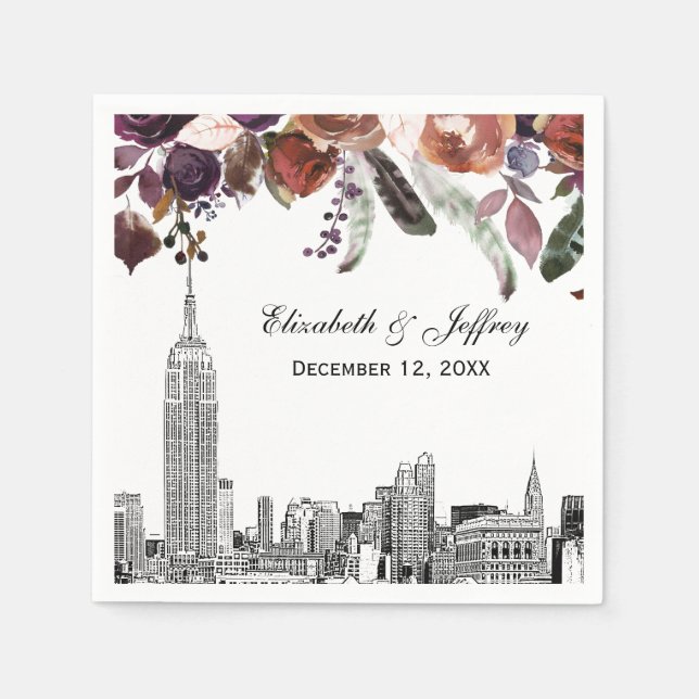 NYC Skyline ESB Etch Burgundy Plommon Blommig Bröl Pappersservett (Framsidan)