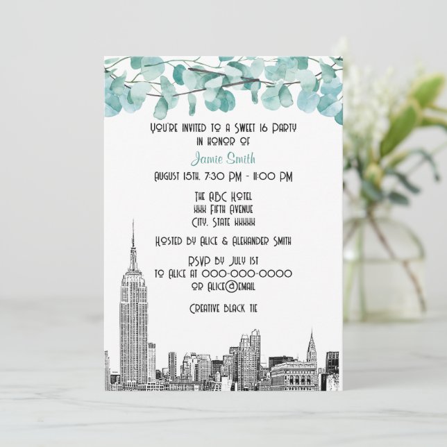 NYC Skyline ESB Etch Eucalyptus Sweet 16 Inbjudningar (Stående Fram)