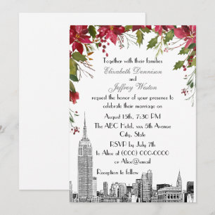NYC Skyline ESB Etch Holly Poinsettia Bröllop Inbjudningar