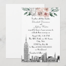 NYC Skyline ESB Etch Lt Rosa Grå Blommig Bröllop Inbjudningar