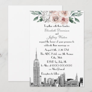 NYC Skyline ESB Etch Lt Rosa Grå Blommig Bröllop Inbjudningar