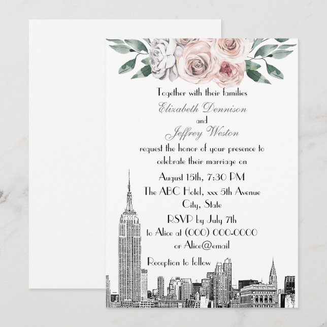 NYC Skyline ESB Etch Lt Rosa Grå Blommig Bröllop Inbjudningar (Fram/baksida)