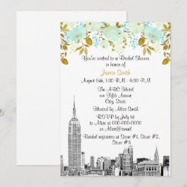 NYC Skyline ESB Etch Mint Guld Blommig Bröllopsdus Inbjudningar