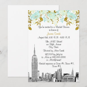 NYC Skyline ESB Etch Mint Guld Blommig Bröllopsdus Inbjudningar