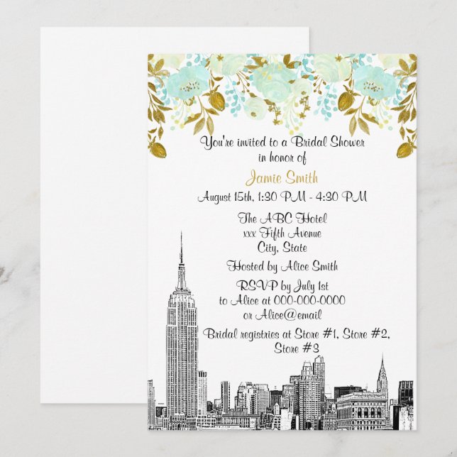 NYC Skyline ESB Etch Mint Guld Blommig Bröllopsdus Inbjudningar (Fram/baksida)