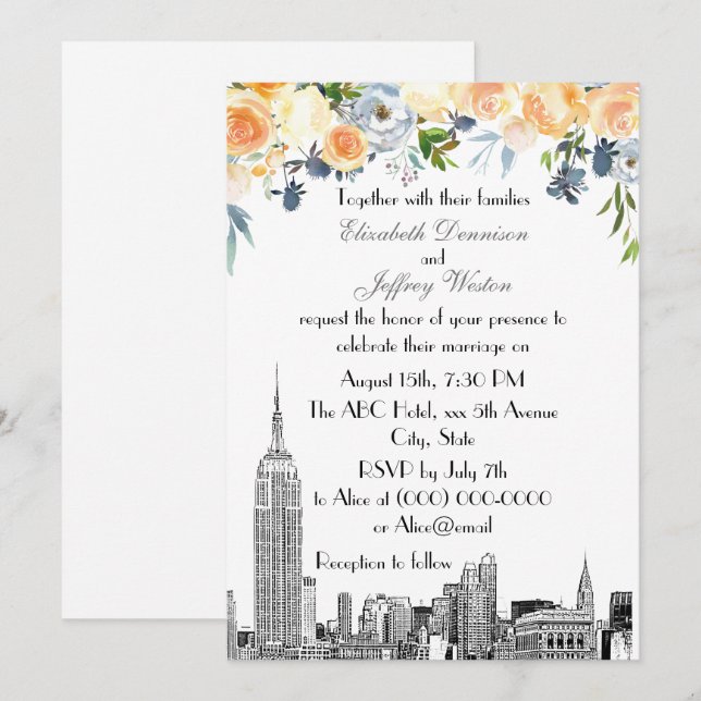 NYC Skyline ESB Etch Peachblå Floral Bröllop Inbjudningar (Fram/baksida)