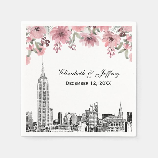 NYC Skyline ESB Etch Rosa Blommig Akvarell  Pappersservett (Framsidan)