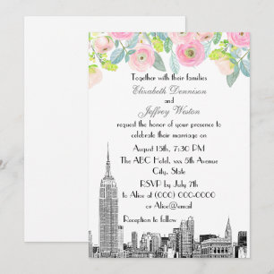 NYC Skyline ESB Etch Rosa Ranunculus Blomma Bröllo Inbjudningar