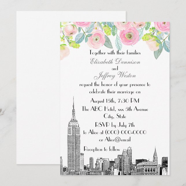 NYC Skyline ESB Etch Rosa Ranunculus Blomma Bröllo Inbjudningar (Fram/baksida)