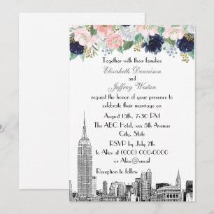 NYC Skyline ESB Etch Rosa Vit Blå Guld Blommig Inbjudningar