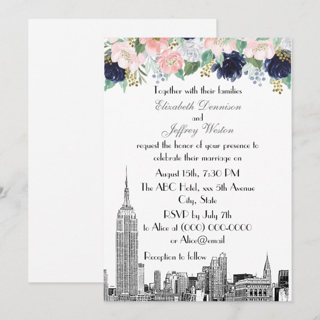 NYC Skyline ESB Etch Rosa Vit Blå Guld Blommig Inbjudningar (Fram/baksida)