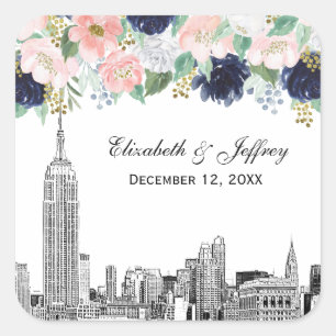 NYC Skyline ESB Etch Rosa Wht Blue Guld Blommigt Fyrkantigt Klistermärke