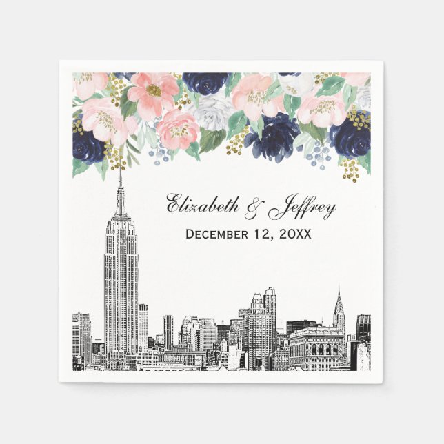 NYC Skyline ESB Etch Rosa Wht Blue Guld Blommigt Pappersservett (Framsidan)