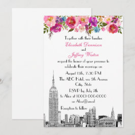 NYC Skyline ESB Etch Spring Rosa Blommig Bröllop Inbjudningar