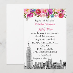 NYC Skyline ESB Etch Spring Rosa Blommig Bröllop Inbjudningar