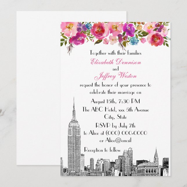 NYC Skyline ESB Etch Spring Rosa Blommig Bröllop Inbjudningar (Fram/baksida)