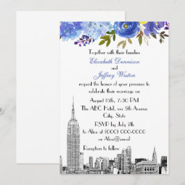 NYC Skyline ESB Etsning Blå Gul Blommig Bröllop Inbjudningar