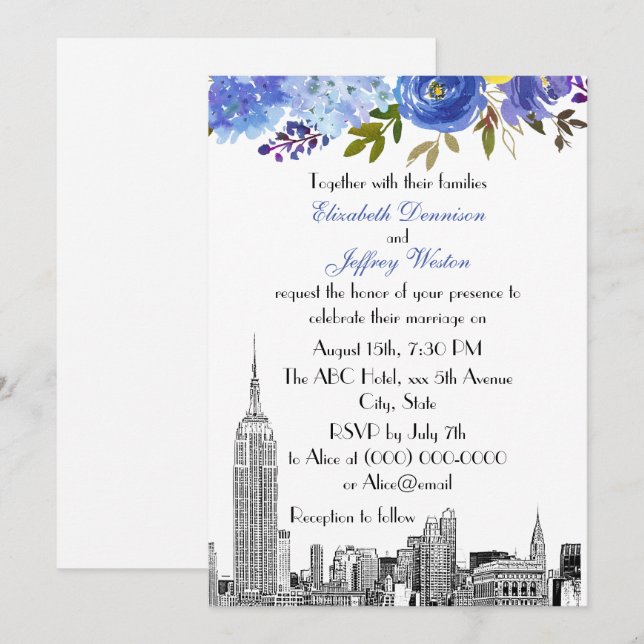 NYC Skyline ESB Etsning Blå Gul Blommig Bröllop Inbjudningar (Fram/baksida)