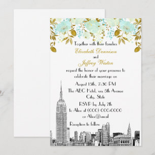 NYC Skyline ESB Etsning Mint Guld Blommig Bröllop Inbjudningar