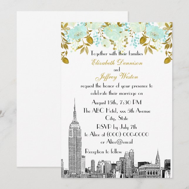 NYC Skyline ESB Etsning Mint Guld Blommig Bröllop Inbjudningar (Fram/baksida)