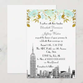 NYC Skyline ESB Etsning Mint Guld Blommig Bröllop Inbjudningar