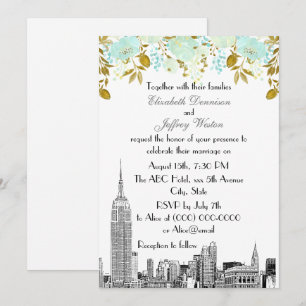 NYC Skyline ESB Etsning Mint Guld Blommig Bröllop Inbjudningar