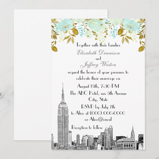 NYC Skyline ESB Etsning Mint Guld Blommig Bröllop Inbjudningar (Fram/baksida)