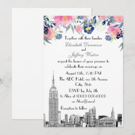 NYC Skyline ESB Etsning Rosa Blå Blommig Bröllop Inbjudningar