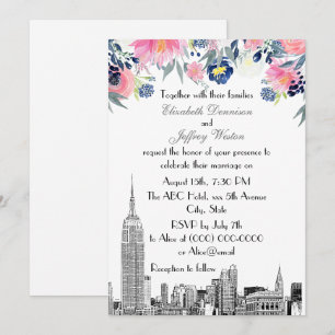 NYC Skyline ESB Etsning Rosa Blå Blommig Bröllop Inbjudningar