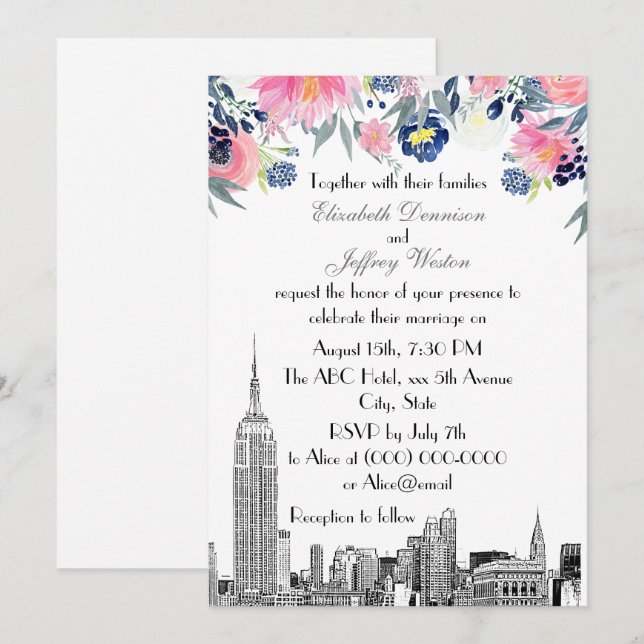 NYC Skyline ESB Etsning Rosa Blå Blommig Bröllop Inbjudningar (Fram/baksida)